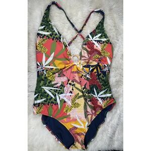 Bleu One Piece Criss Cross‎ Swimsuit Womens XL Ring Tropical Floral Print Resort